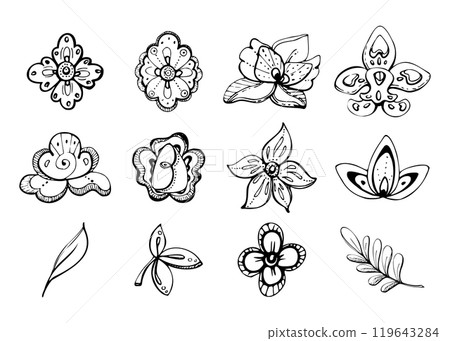 Floral lace embroidery exotic orchid rose traditional flowers and leaves, folk ethnic stylized. Hand drawn ink vector isolated illustration set. Travel, paper, scrapbooking, wedding design, decoupage Floral lace embroidery exotic orchid rose traditional flowers and leaves, folk ethnic stylized. Hand drawn ink vector isolated illustration set. Travel, paper, scrapbooking, wedding design, decoupage 119643284