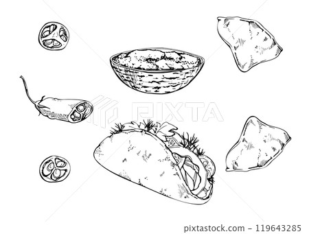 Street food tortilla pita gyros taco, sliced chili pepper, nacho chips, guacamole salsa sauce. Hand drawn ink vector isolated illustration set. Design travel brochure, restaurant bar menu, recipe book Street food tortilla pita gyros taco, sliced chili pepper, nacho chips, guacamole salsa sauce. Hand drawn ink vector isolated illustration set. Design travel brochure, restaurant bar menu, recipe book 119643285