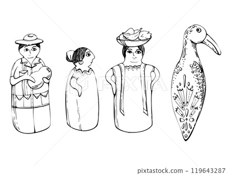 Mexican Spanish porcelain doll table decoration figurine with floral ornament decoration, stylized bird. Hand drawn ink vector isolated illustration. Design travel, vacation, gift shop brochure ads Mexican Spanish porcelain doll table decoration figurine with floral ornament decoration, stylized bird. Hand drawn ink vector isolated illustration. Design travel, vacation, gift shop brochure ads 119643287