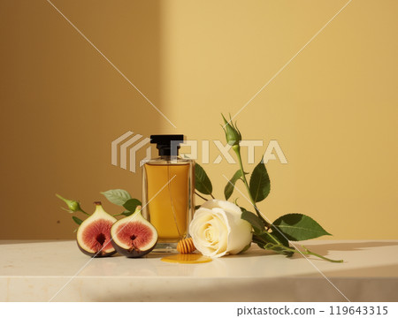 Editorial Still Life Image of Perfume Bottle with Fig Dripping Honey Surrounded by White Roses and Creative Greenery on Stone Table 119643315