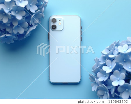 Photo Realistic Minimalist Mockup of Flatlay Blank iPhone 15 Phone Case on Blue Hydrangea Background Photo Realistic Minimalist Mockup of Flatlay Blank iPhone 15 Phone Case on Blue Hydrangea Background 119643392