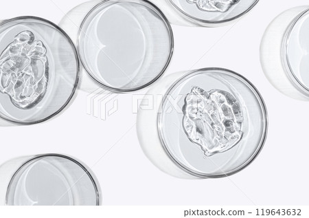 Skin serum or face wash gel in a Petri dish. For cosmetic procedures. White background 119643632
