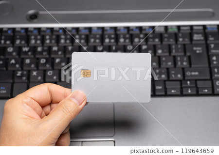 Laptop and credit card in hand Laptop and credit card in hand 119643659