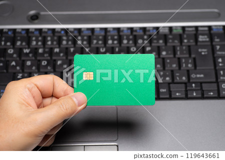 Laptop and credit card in hand Laptop and credit card in hand 119643661
