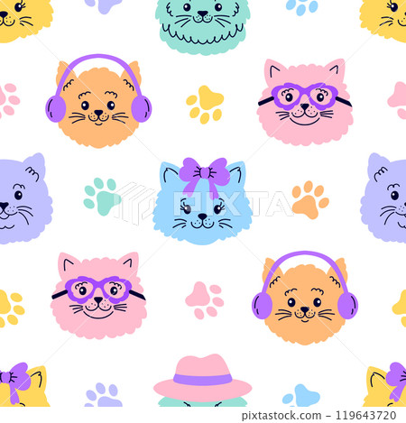 Seamless pattern with cat faces and paws 119643720