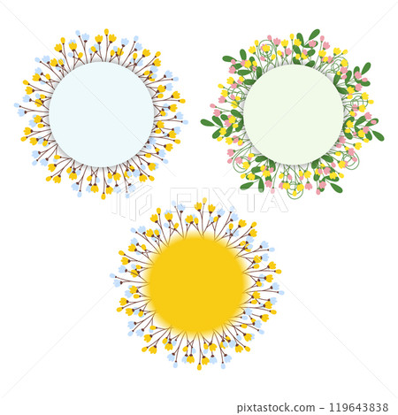 Blossom twigs and green leaves Springtime colorful Circle frames Set of 3 Easter greeting Template 119643838