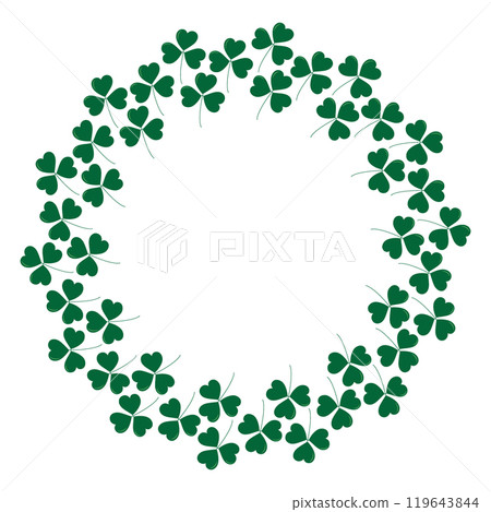 Trefoil Clover leaves Circle Frame border in trendy monochrome green. St Patrick Greeting template 119643844