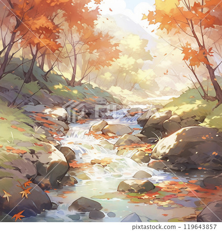 Autumn scenery of autumn leaves and streams in the mountains AI image 119643857