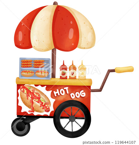 Hand-painted watercolor illustration of a hotdog cart for use as an illustration 119644107