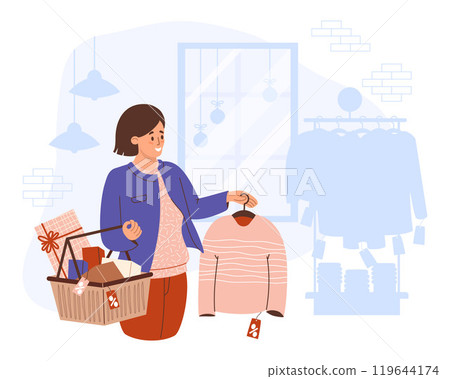 Shopping. Happy woman with pile of gift boxes in shopping cart buys sweater on sale. Interior of store, window, rack with clothes and brickwork. Vector illustration. Female shopper 119644174
