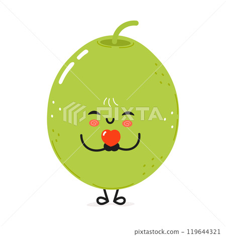Cute smiling olive character holding a heart in hands. Vector hand drawn cartoon kawaii character illustration icon. Isolated on white background Green olive in love character concept 119644321