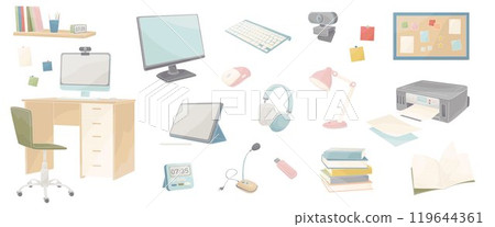 set elements about online learning - keyboard, printer, camera, microphone, tablet, stylus, screen, mouse computer, books, student's desk, lamp, chair 119644361