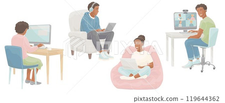 African American School-age boys and girls sitting at a computer and laptop at home 119644362