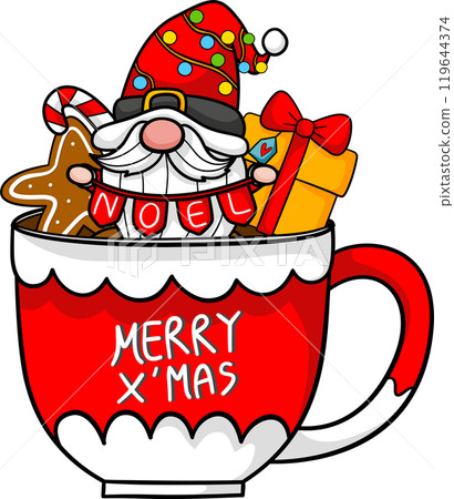 Cute Gnome Cartoon with hot chocolate in Christmas celebration illustration by hand drawn. Cute Gnome Cartoon with hot chocolate in Christmas celebration illustration by hand drawn. 119644374