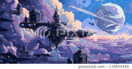 Futuristic Space Battle with Starships and Planets. Interstellar Spaceships Illustration 119644480