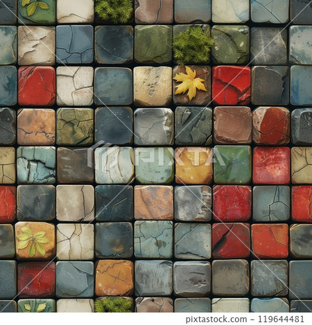 Geometric Natural Stone Mosaic Texture with Colorful Square Tiles 119644481