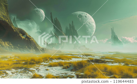Alien landscape with green sand, fantasy planet with misty mountains and large moons in the sky 119644483