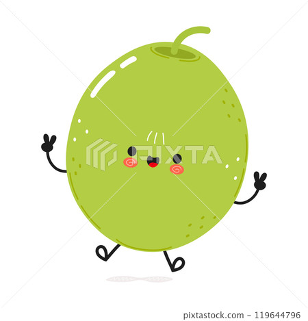 Green olive jumping character. Vector hand drawn cartoon kawaii character illustration icon. Isolated on white background. Green olive character concept 119644796