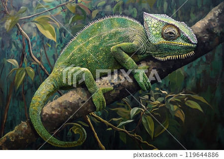 Green chameleon in rainforest 119644886