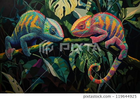 Two colorful chameleon in rainforest Two colorful chameleon in rainforest 119644925