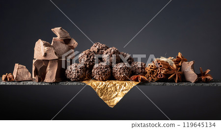Chocolate truffles with broken pieces of chocolate and spices. Chocolate truffles with broken pieces of chocolate and spices. 119645134