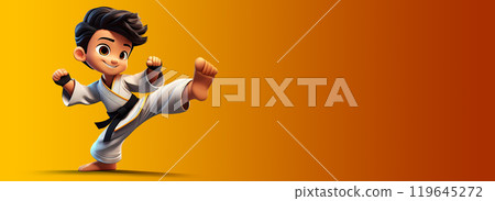 Cartoon Character of a Boy Performing a Karate Kick on a Yellow-Orange Background - Generative Ai 119645272