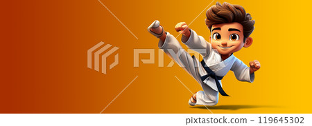 Cartoon Character of a Boy Performing a Karate Kick on a Yellow-Orange Background - Generative Ai 119645302