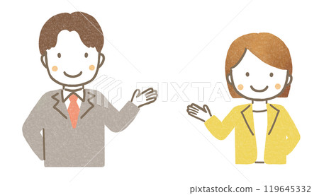Man and woman in suits giving a tour (upper body) Man and woman in suits giving a tour (upper body) 119645332