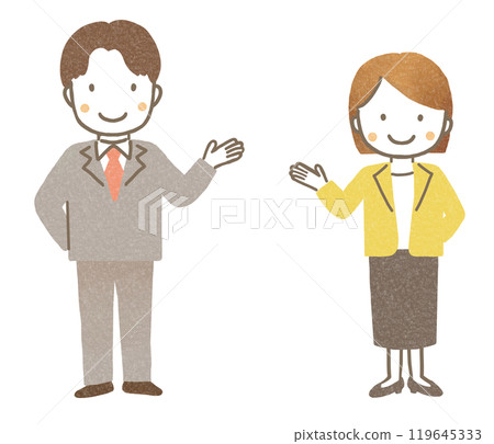 Man and woman in suits giving a tour (full body) Man and woman in suits giving a tour (full body) 119645333