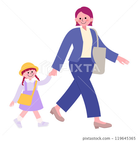 A full-body illustration of a mother wearing a pantsuit and pumps and her kindergarten-aged daughter walking together 119645365