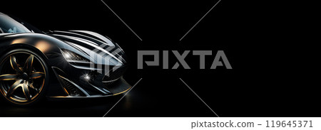 Closeup and Side View of a Black Luxury Sport Car on Black Background - Generative Ai 119645371