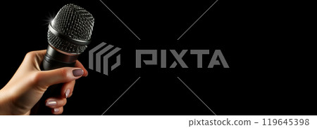 Closeup of a Female Hand Holding a Modern Microphone on Black Background - Generative Ai 119645398