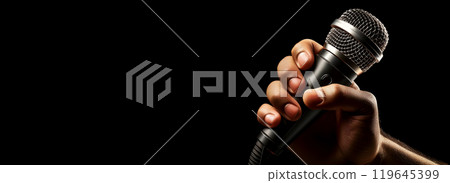 Closeup of a Male Hand Holding a Modern Microphone on Black Background - Generative Ai 119645399