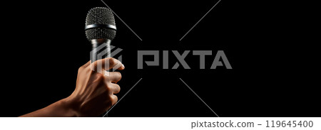 Closeup of a Male Hand Holding a Modern Microphone on Black Background - Generative Ai Closeup of a Male Hand Holding a Modern Microphone on Black Background - Generative Ai 119645400
