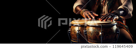 Close-up of Hands of a Percussionist Playing Bongos on Black Background - Generative Ai 119645409