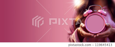 Close-up of the Hands of Woman Holding an Empty Alarm Clock with Copy Space - Generative Ai 119645413
