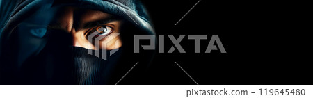 Close-up of a Mysterious Hooded Man with Black Mask Peeking Through Window - Generative Ai 119645480