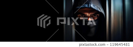 Close-up of a Mysterious Hooded Man with Black Mask Peeking Through Window - Generative Ai 119645481