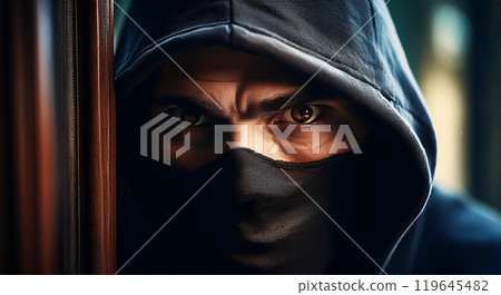 Close-up of a Mysterious Hooded Man with Black Mask Peeking Through Window - Generative Ai 119645482