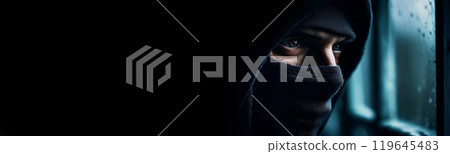 Close-up of a Mysterious Hooded Man with Black Mask Peeking Through Window - Generative Ai 119645483