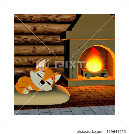 Dog sleeping peacefully in front of the fireplace Cartoon illustration Generative AI 119645653