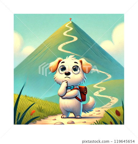 Cartoon: A dog lost on a mountain climbing route - Generative AI Cartoon: A dog lost on a mountain climbing route - Generative AI 119645654