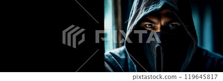 Closeup of a Mysterious Hooded Man with Black Mask Peeking Through Window - Generative Ai 119645817