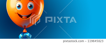 Closeup of an Orange Balloon with Smiling Face on Blue Background - Generative Ai 119645823