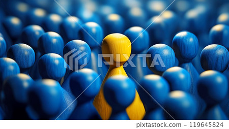 Closeup of One Single Yellow Human Shape Among a Large Group of Blue Ones - Generative Ai 119645824