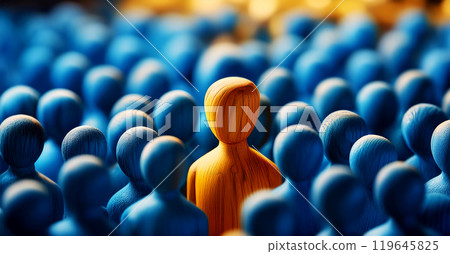 Closeup of One Single Yellow Human Shape Among a Large Group of Blue Ones - Generative Ai Closeup of One Single Yellow Human Shape Among a Large Group of Blue Ones - Generative Ai 119645825