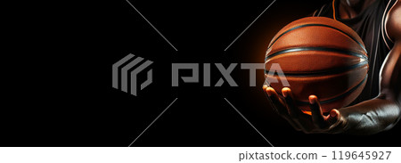 Hand of a Basketball Player Holding a Basketball Ball Isolated on Black Background - Generative Ai 119645927