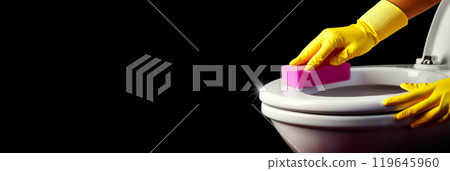 Female Hands with Yellow Gloves and Pink Sponge Cleaning a Toilet Seat - Generative Ai 119645960