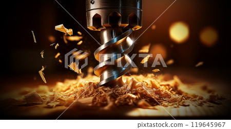 Extreme Closeup of Drilling Wood in Workshop with Electric Drill - Generative Ai Extreme Closeup of Drilling Wood in Workshop with Electric Drill - Generative Ai 119645967