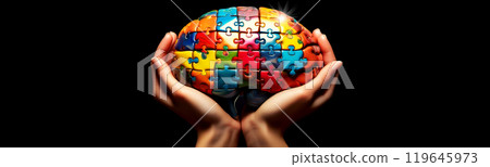 Female Cupped Hands Holding a Multi Colored Human Brain on Black Background - Generative Ai 119645973